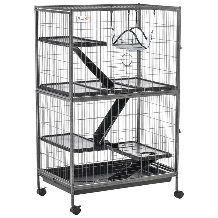 PawHut Jaula para Animales Pequeños de 4 Niveles Jaula para Roedores con Ruedas Rampas Hamaca Colgante y Bandeja Extraíble Recinto para Conejos Chinchillas Hurones 80x52x128 cm Gris Plateado