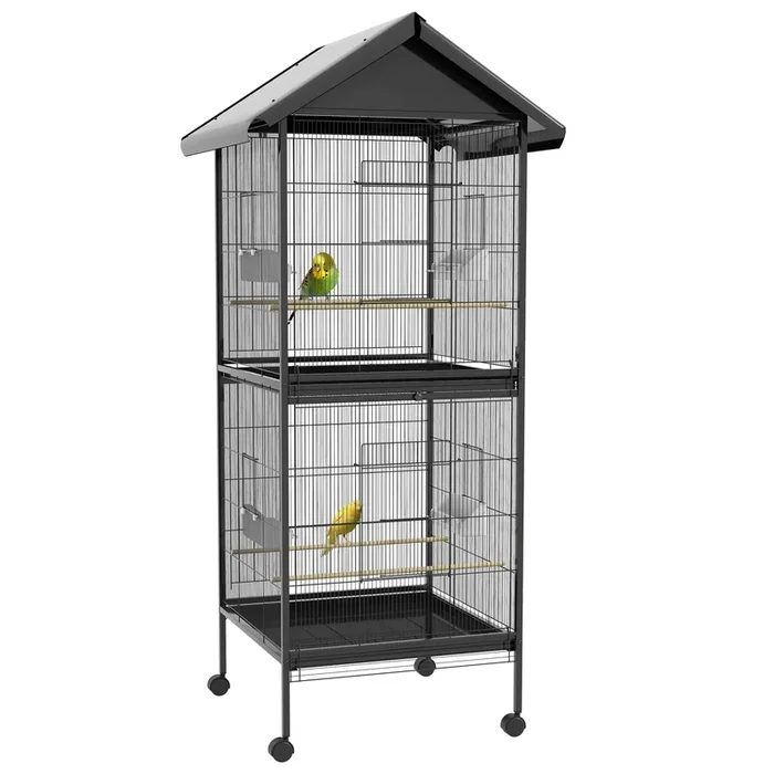 PawHut Jaula para Pájaros Grande de 2 Pisos Convertible en Sola Pajarera con Ruedas 4 Comederos 4 Perchas y Bandejas Extraíbles para Canarios Loros 78x75x168 cm Negro