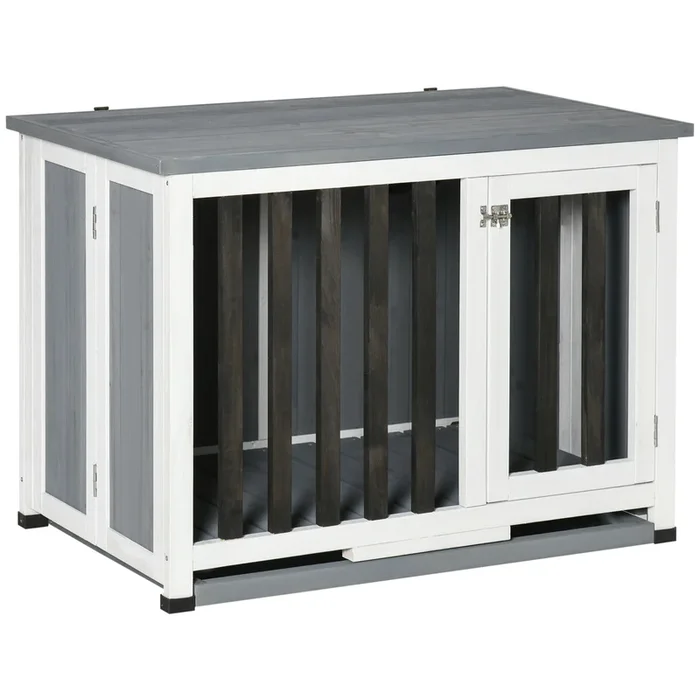 PawHut Jaula para Perros en Casa Plegable 84,5×51,4×61 cm Mueble Perrera de Madera con Techo Abatible y Bandeja Extraíble para Perros Medianos Gris