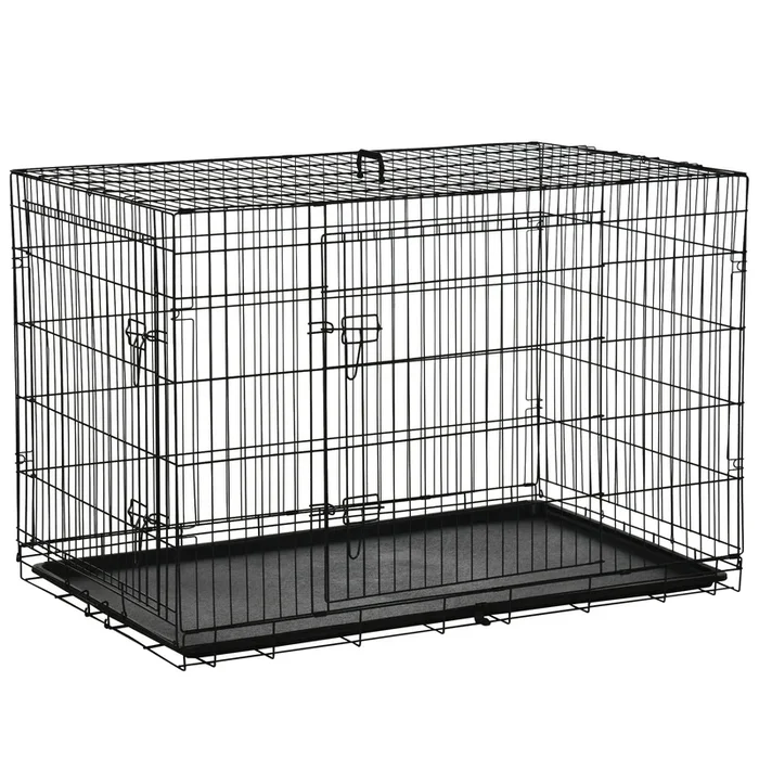 PawHut Jaula para Perros Plegable Jaula para Perros Grandes con 2 Puertas Bandeja Extraíble Asa y Marco de Alambre Acero 121×76,5×81 cm Negro