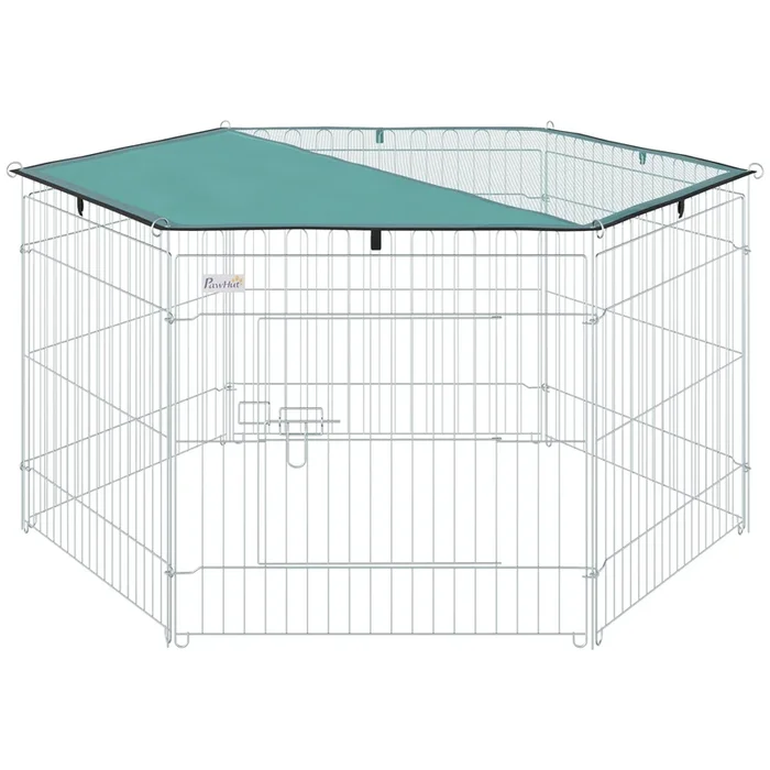 PawHut Parque de Juegos para Perros 6 Paneles 59×60 cm Plegables Empalme libre Valla Metálica para Mascotas con Puerta con Pestillo y Toldo Superior para Jardín Patio Exterior Plata