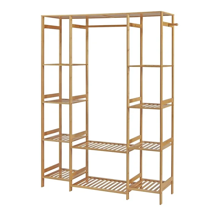 Perchero burro Ilomantsi con estantes perchas bambú 165x122x35 cm – Natural [en.casa]