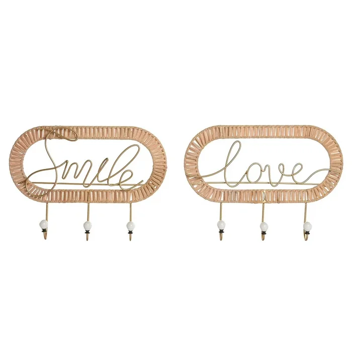 Perchero de Pared Home ESPRIT Dorado Natural Metal Ratán 40 x 6,4 x 28,6 cm (2 Unidades)