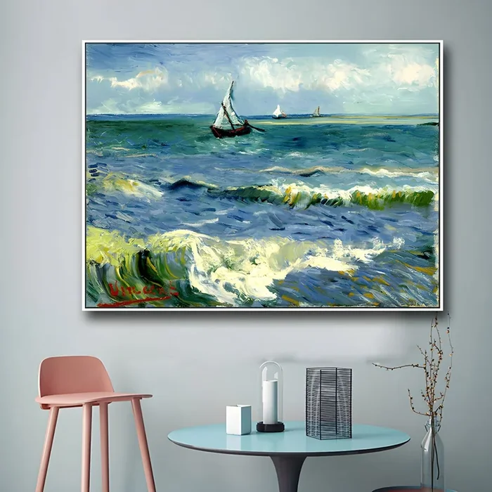 Pintura de barcos navegando en olas en lienzo azul para pared de sala de estar, textura – Azul 40 cm x 60 cm