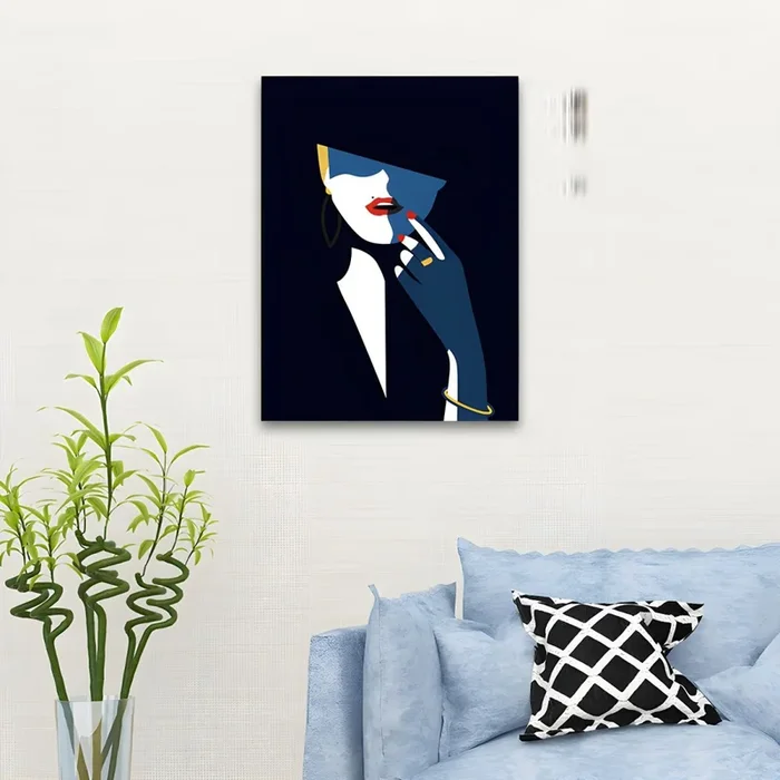 Pintura de una mujer victoriana con lápiz labial rojo en lienzo negro texturizado para salón – Negro 30 cm x 40 cm Estilo 3