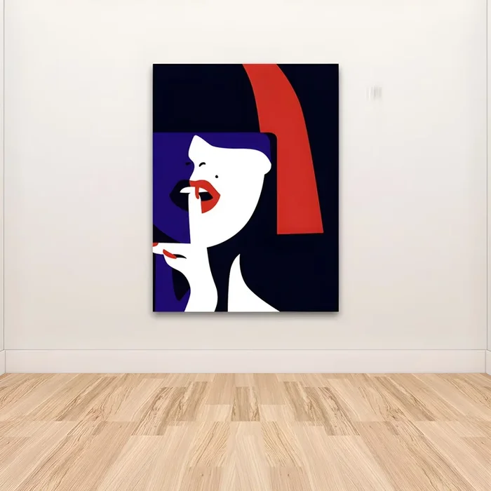 Pintura de una mujer victoriana con lápiz labial rojo en lienzo negro texturizado para salón – Negro 50 cm x 70 cm Estilo 2