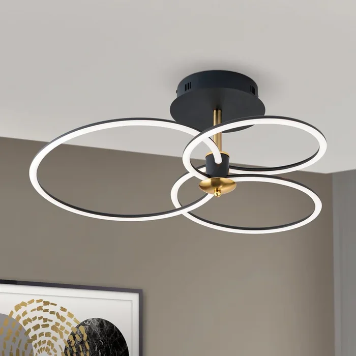 Plafón LED Charlotte, 3 anillos, negro/oro