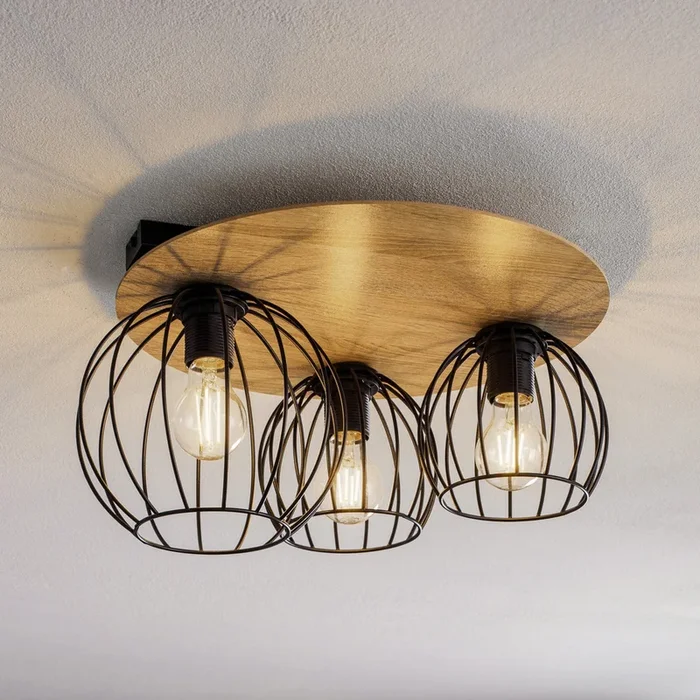 Plafón Malin, pantalla redonda de madera, 3 luces
