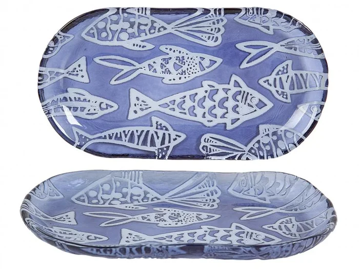 Plato Rectang. Vidrio Azul