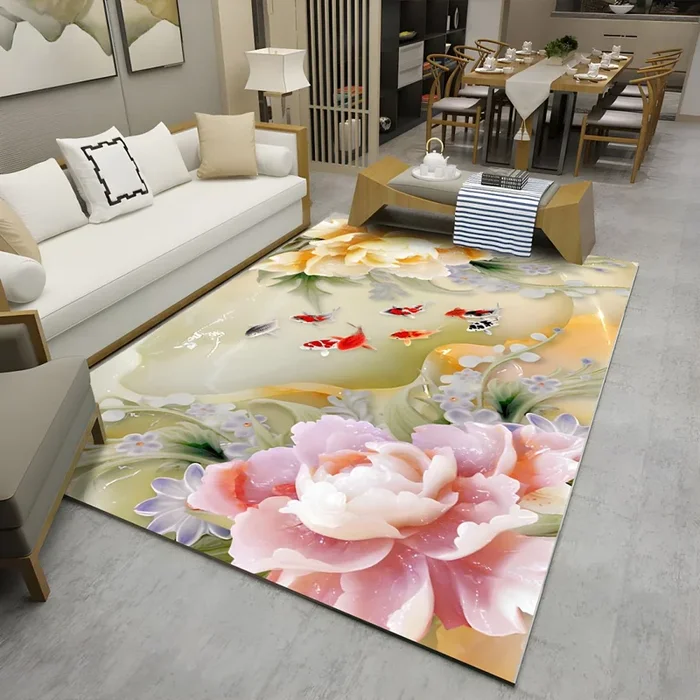 Poliéster Alfombra Multicolor Asiática Tapiz Lavable con Diseño de Flor Oriental para Habitación – Amarillo 160 x 230 cm