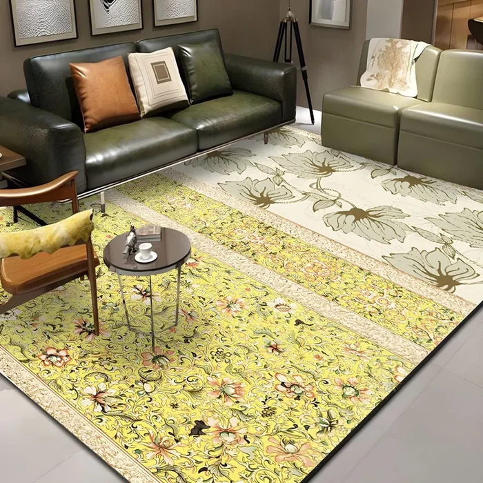 Polipropileno Alfombra Asiática con Dibujo de Plantas Tapete Lavable Multicolor para Salón – Amarillo 200 x 260 cm