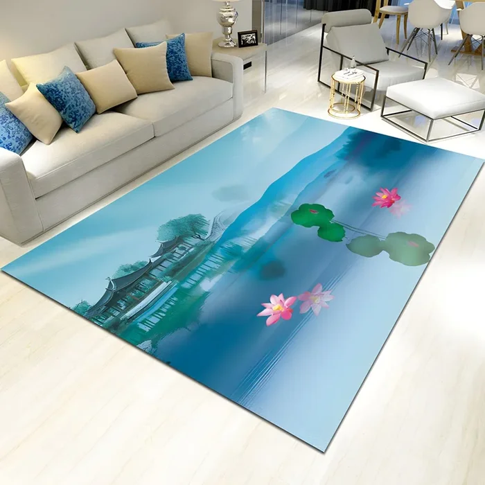 Polipropileno Alfombra Asiática con Dibujo de Plantas Tapete Lavable Multicolor para Salón – Azul Agua 160 x 230 cm