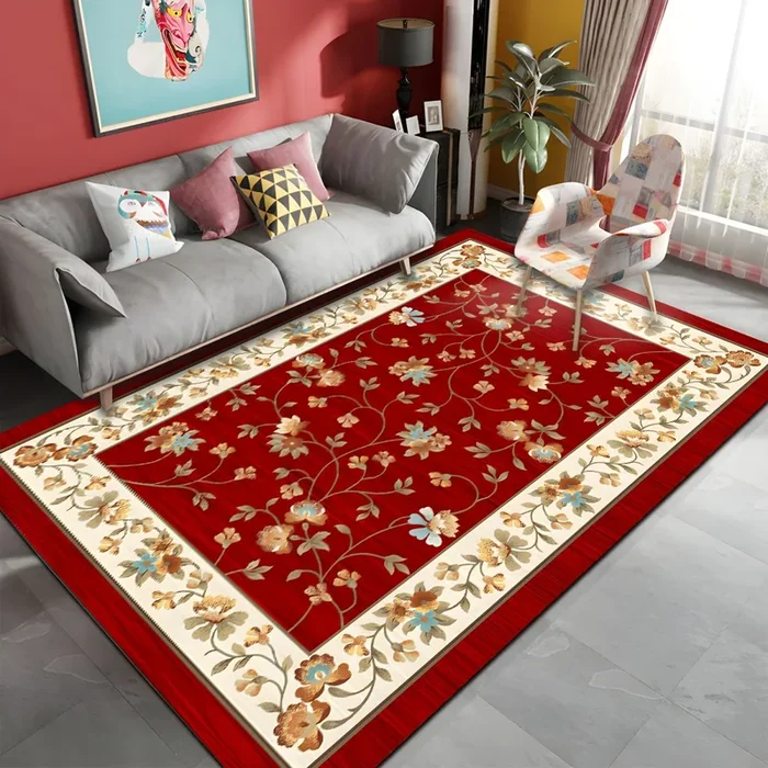 Polipropileno Tapete Retro con Patrón de Flores Alfombra Multicolor Antideslizante para Salón – Rojo 140 x 200 cm