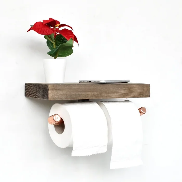 Portarrollos de papel higiénico con estante BORU 12×30 cm abeto/cobre