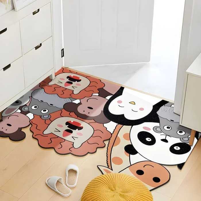 PVC Alfombra de Área con Patrón de Animales Tapiz Multicolor Antideslizante Tapete Irregular Infantil para Entrada – Naranja 120 x 200 cm