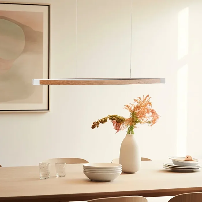 Quitani Lámpara colgante LED Kiera, roble/níquel, 98 cm