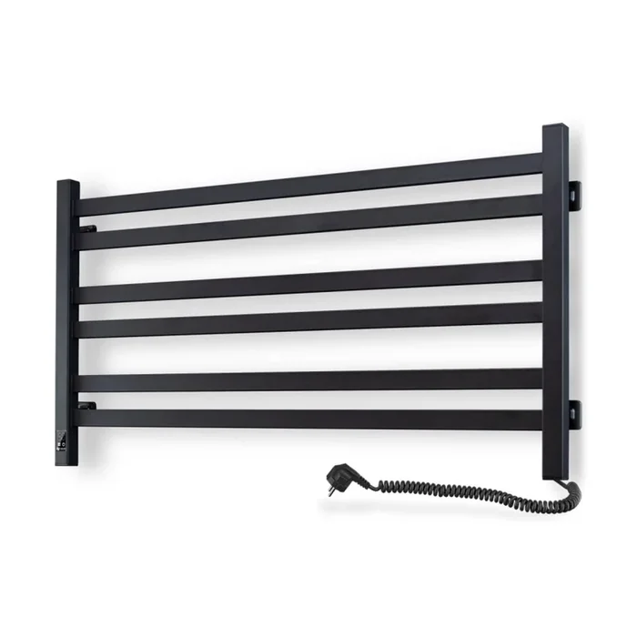 Radiador toallero de baño AVANGARD con termostato 316W/230V 50,6 cm IP44, negro, con conexión derecha, de perfil cuadrado