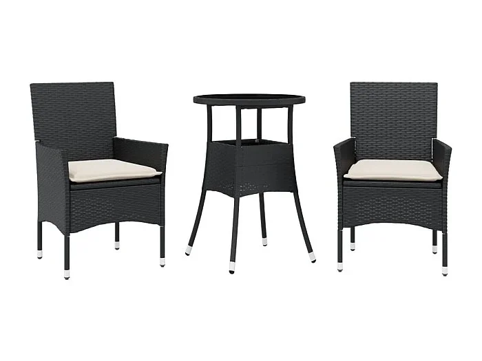 Rantasalmi Set comedor jardín 3 pzas cojines ratán sintético vidrio negro