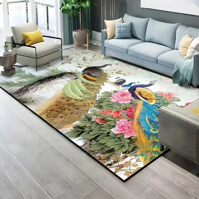 Rectangular Alfombra de Polipropileno Lavable Tapiz Multicolor Asiático con Patrón de Planta Oriental para Salón