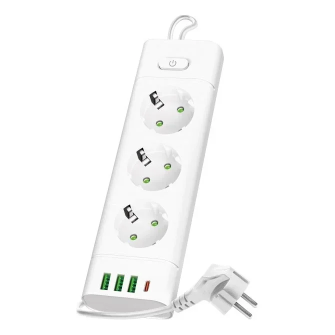 Regleta con interruptor LINEA PRO 3x230V+ 3xUSB-A + 1xUSB-C SCHUKO 1,5 m blanca