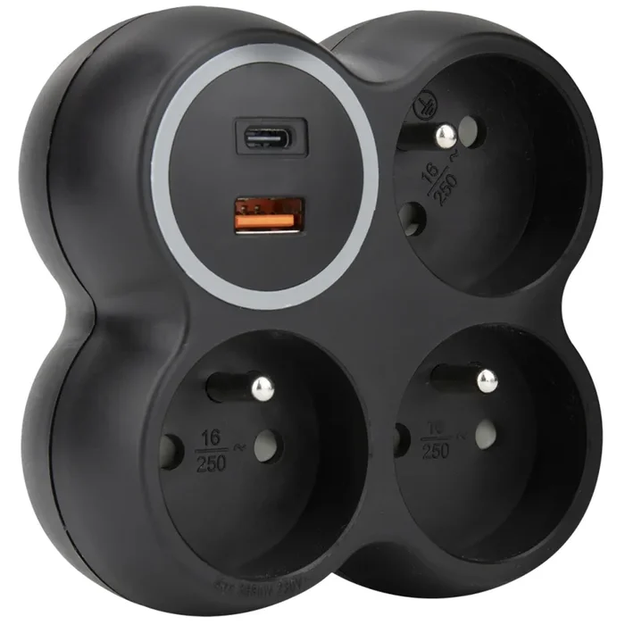 Regleta de enchufes 3x 15 A con puertos USB tipo A y C, negra