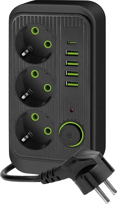 Regleta de enchufes con interruptor LINEA 3x230V + 5xUSB A/C SCHUKO 5 m negro