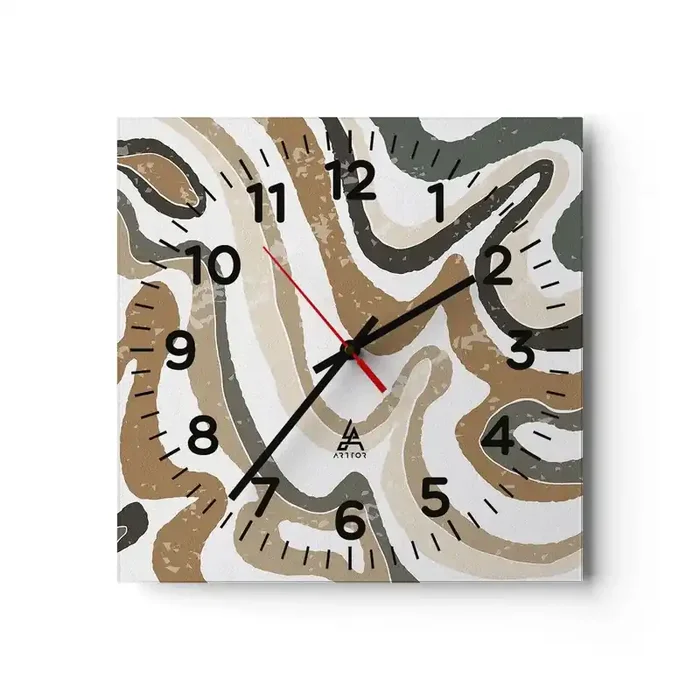 Reloj de pared – Reloj de vidrio – Meandros de colores terrosos – 30×30 cm