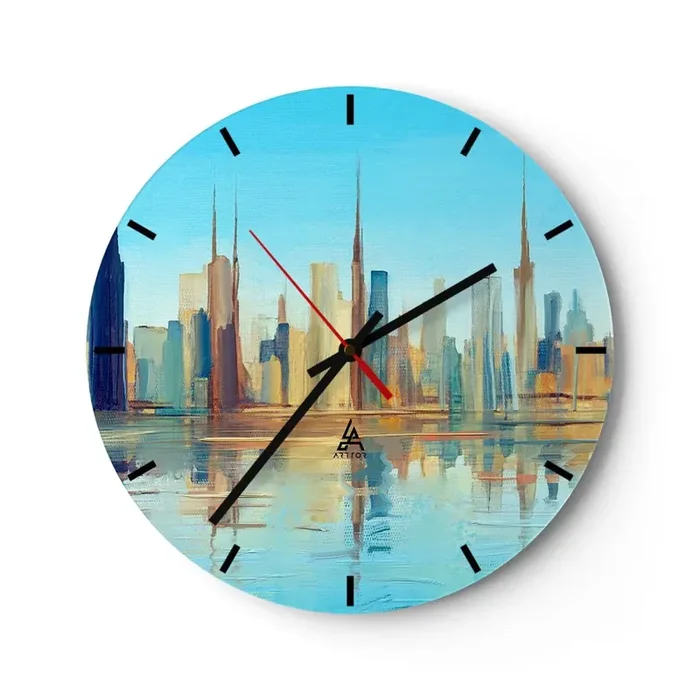 Reloj de pared – Reloj de vidrio – Metrópolis soleada – 40×40 cm
