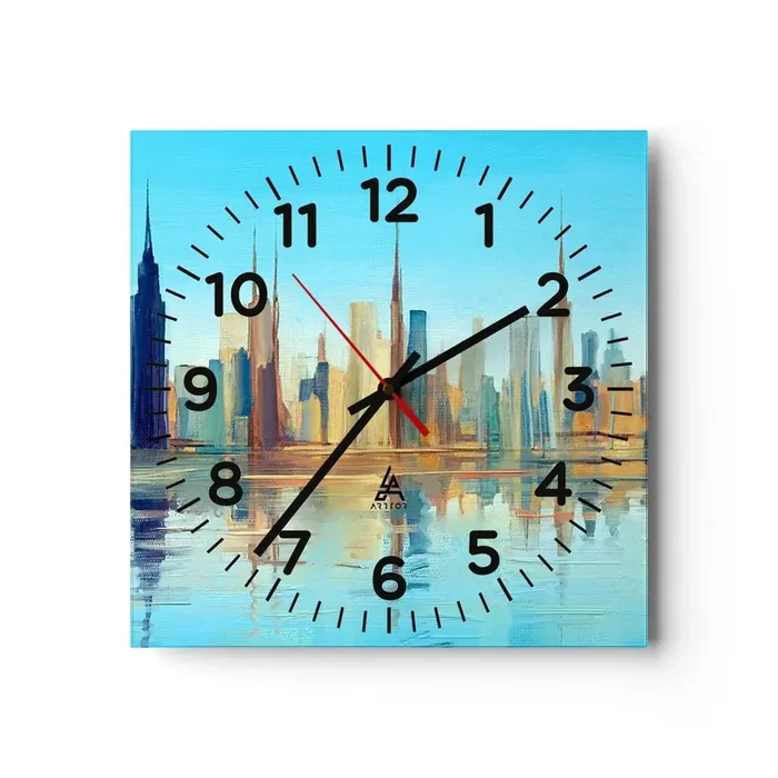 Reloj de pared – Reloj de vidrio – Metrópolis soleada – 40×40 cm