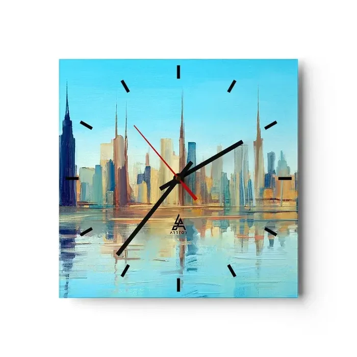 Reloj de pared – Reloj de vidrio – Metrópolis soleada – 40×40 cm
