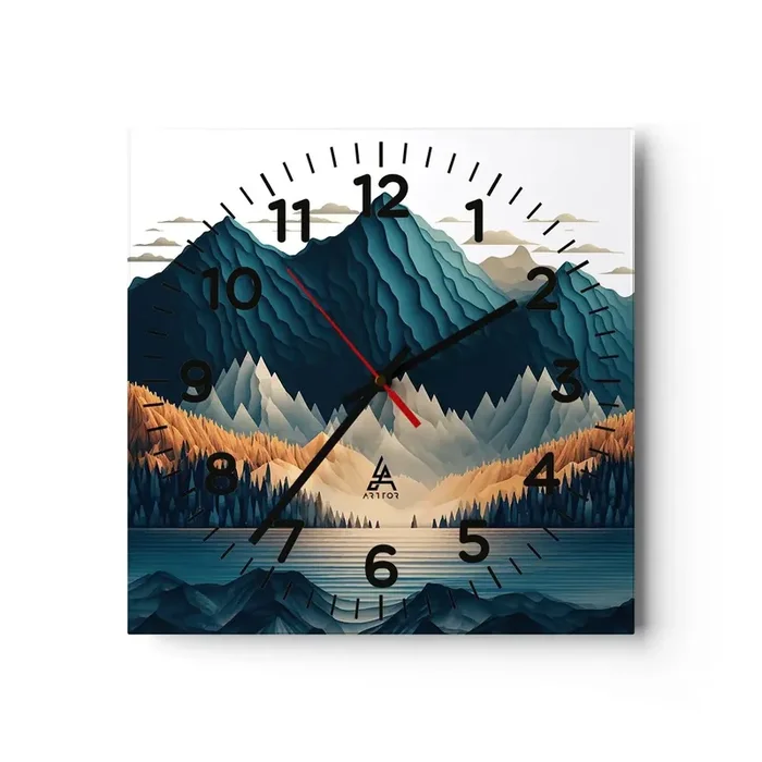 Reloj de pared – Reloj de vidrio – Paisaje perfecto de montañas – 40×40 cm