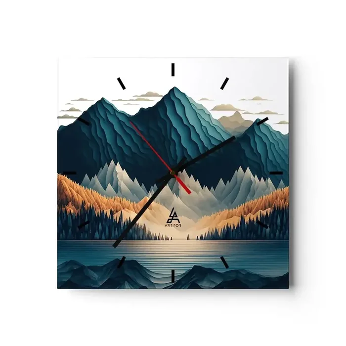 Reloj de pared – Reloj de vidrio – Paisaje perfecto de montañas – 40×40 cm