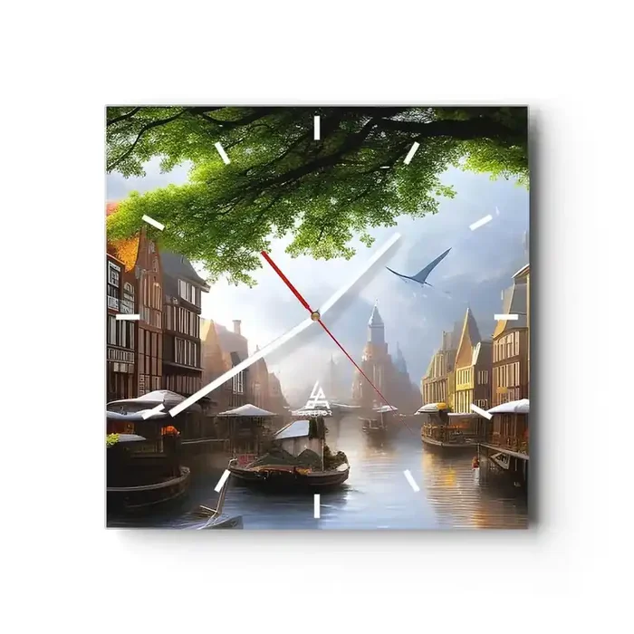 Reloj de pared – Reloj de vidrio – Paisaje urbano holandés – 40×40 cm