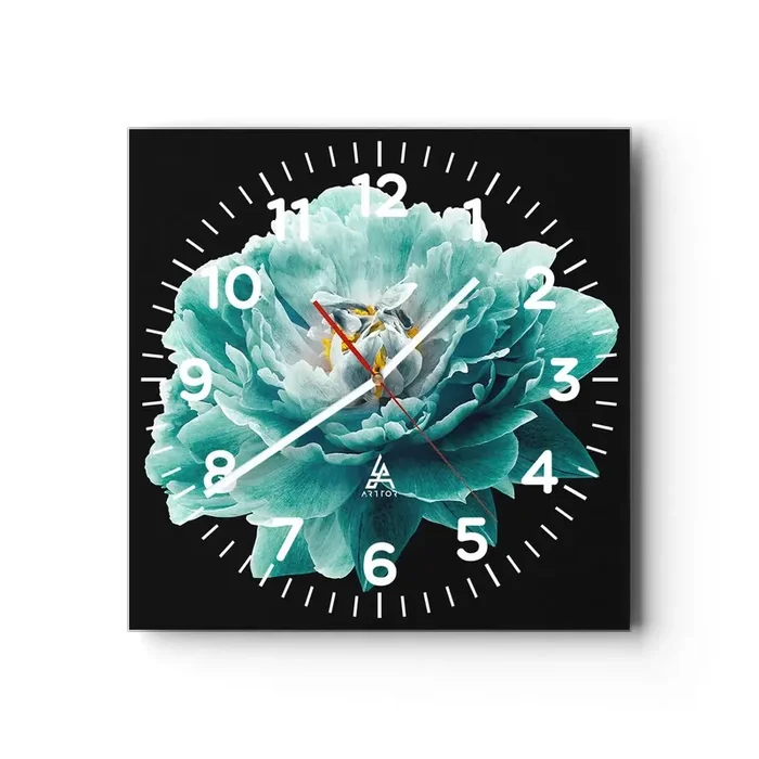 Reloj de pared – Reloj de vidrio – Pétalos azules y dorados – 30×30 cm