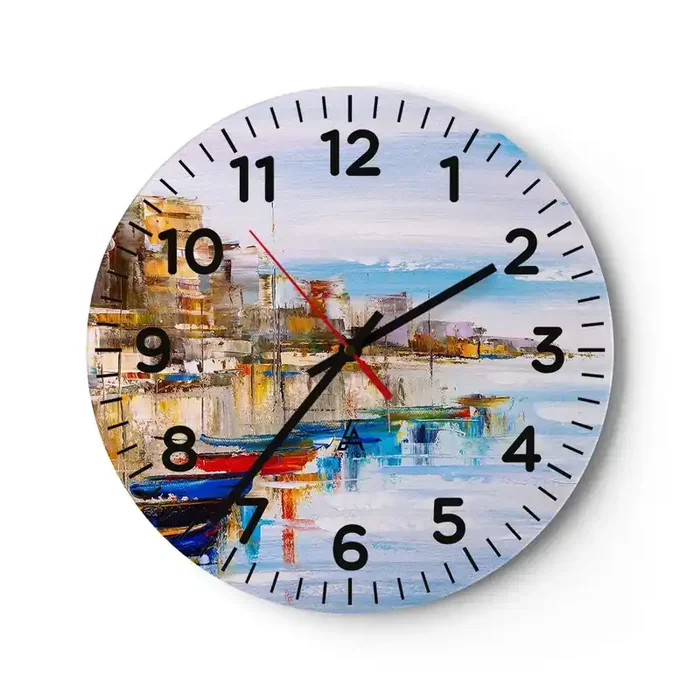 Reloj de pared – Reloj de vidrio – Puerto urbano multicolor – 30×30 cm