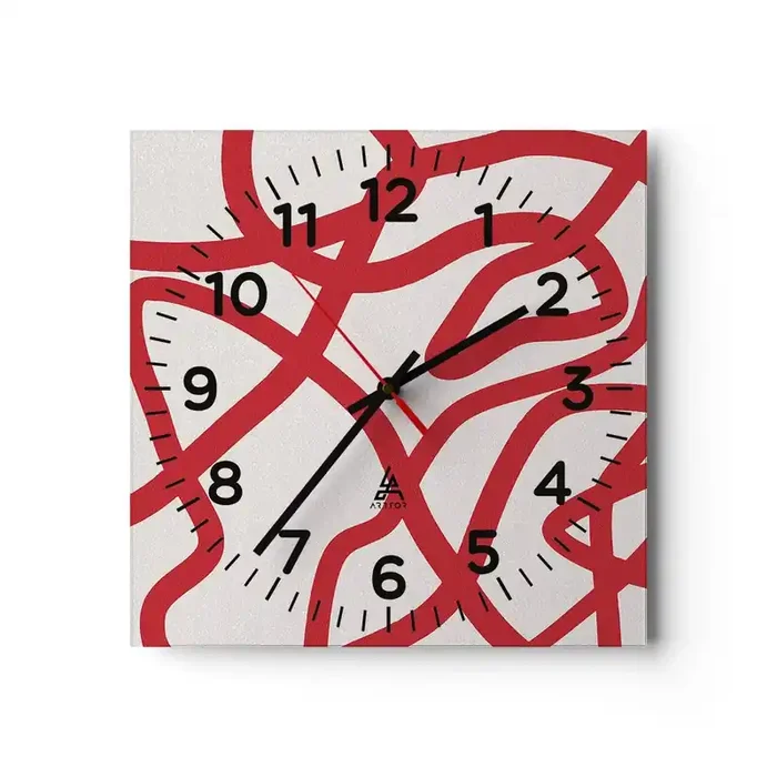 Reloj de pared – Reloj de vidrio – Rojo sobre blanco – 40×40 cm