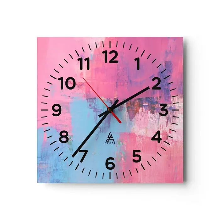 Reloj de pared – Reloj de vidrio – Rosa, azul y una pizca de luz – 30×30 cm