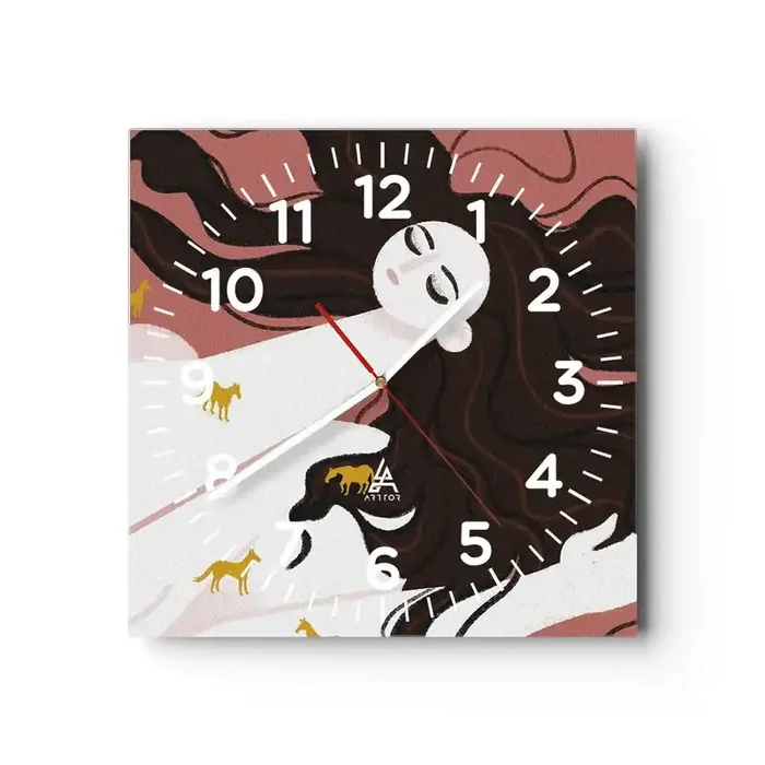 Reloj de pared – Reloj de vidrio – Sueño de caballos dorados – 30×30 cm