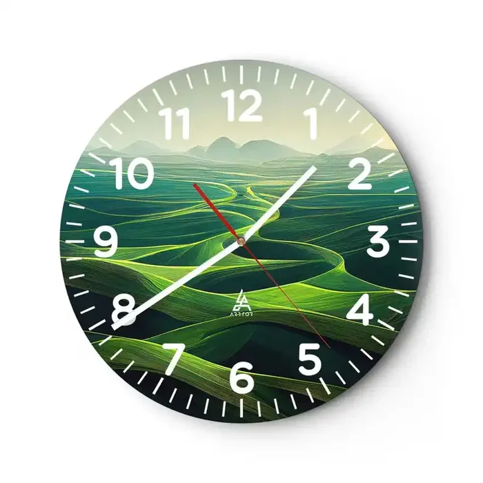 Reloj de pared – Reloj de vidrio – Valles en tonos verdes – 40×40 cm