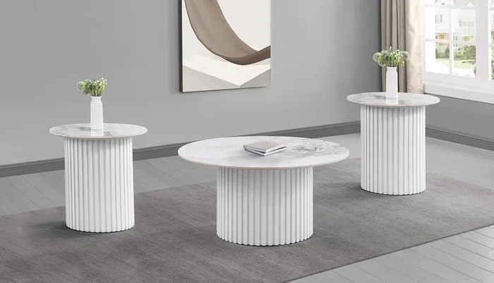 Rowena White 3-Piece Faux Marble Coffee and End Table Set