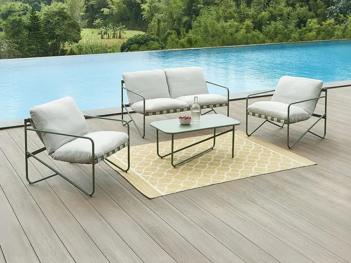 Salón de jardín de acero un sofá 2 plazas, 2 sillones y una mesa de centro – Verde – MILOPE de MYLIA