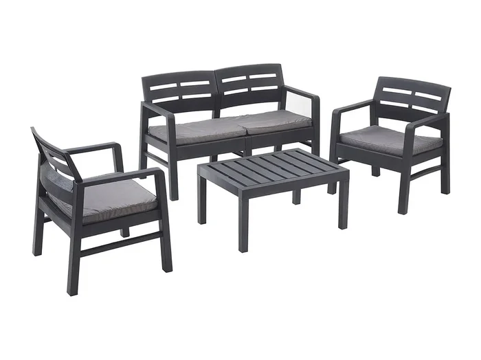 Salón de Jardín Dgyas, Conjunto de jardín con 2 sillones, 1 sofá y 1 mesa de centro, Zona de estar interior y exterior con cojines, 100% Made in Italy, Antracita