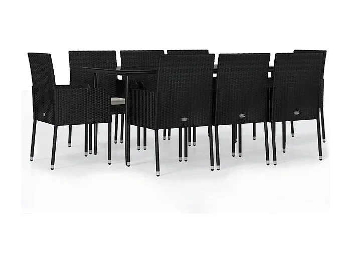 Santo Stefano di Camastra Set de comedor de jardín 9 pzas y cojines ratán sintético negro