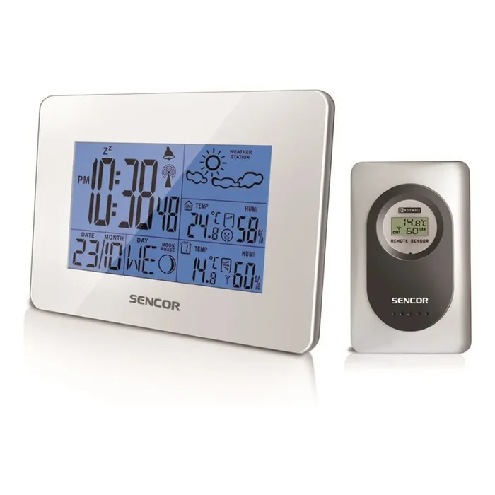 Sencor – Estacion meteorologica con pantalla LCD y despertador 3xAA + 2xAAA blanco