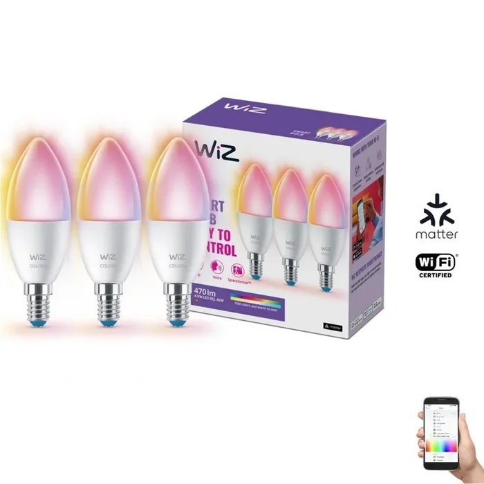 SET 3x Bombilla LED RGBW regulable C37 E14/4,9W/230V 2200-6500K CRI 90 Wi-Fi – WiZ