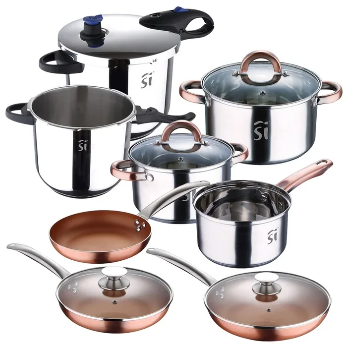 Set batería 5pc acero inox + 2 ollas a presión con tapa + set 5pc sartenes (con tapas) Ø20Ø24Ø28 para inducción