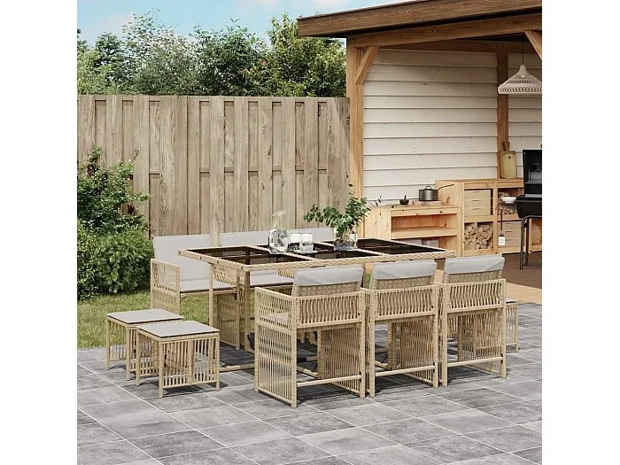 Set comedor de jardín 11 piezas con cojines ratán sintético beige
