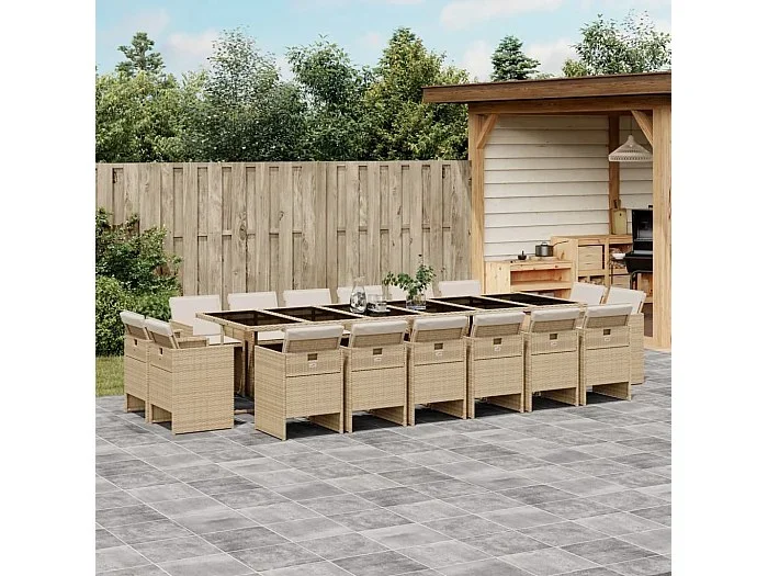 Set comedor de jardín 17 piezas con cojines ratán sintético beige