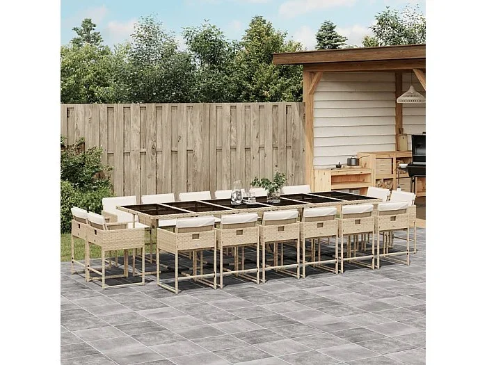 Set comedor de jardín 17 piezas con cojines ratán sintético beige