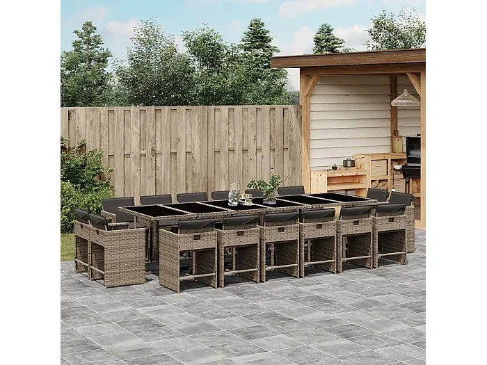 Set comedor de jardín 17 piezas y cojines ratán sintético gris
